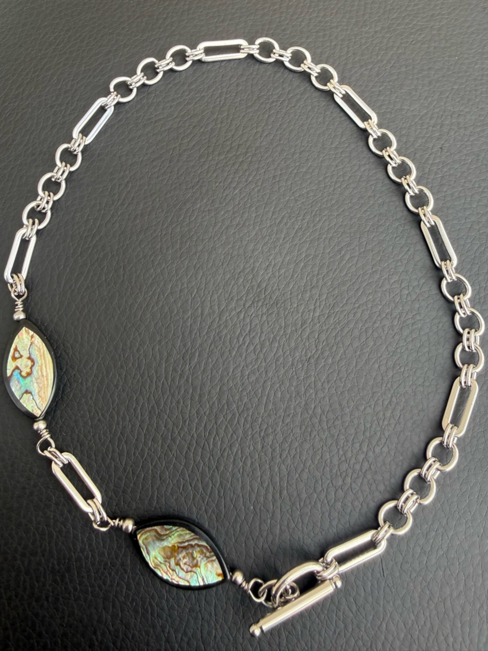 Shell Girl #6 Abalone Shell Asymmetrical  Chain Toggle Necklace Stainless Steel